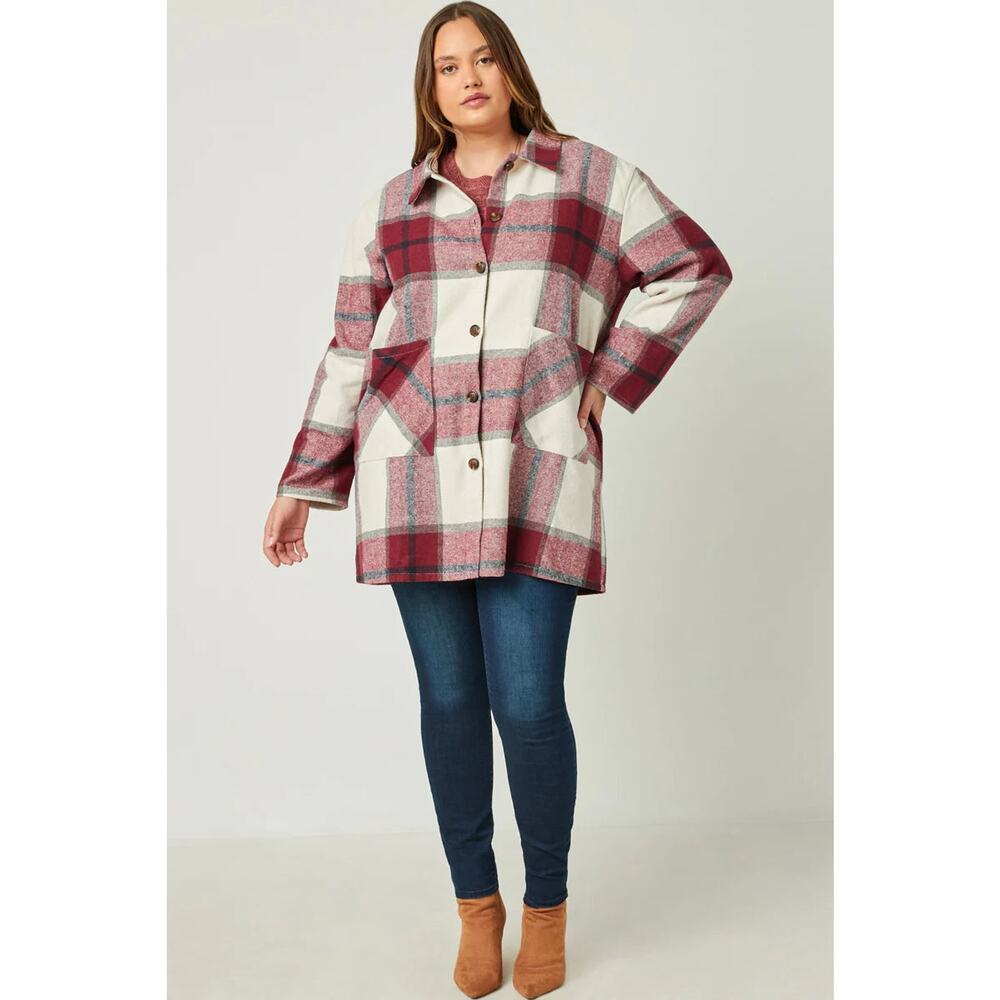 HAYDEN Mandy Plus Burgundy Plaid Shacket with Front Pockets 2X - Picture 4 of 6